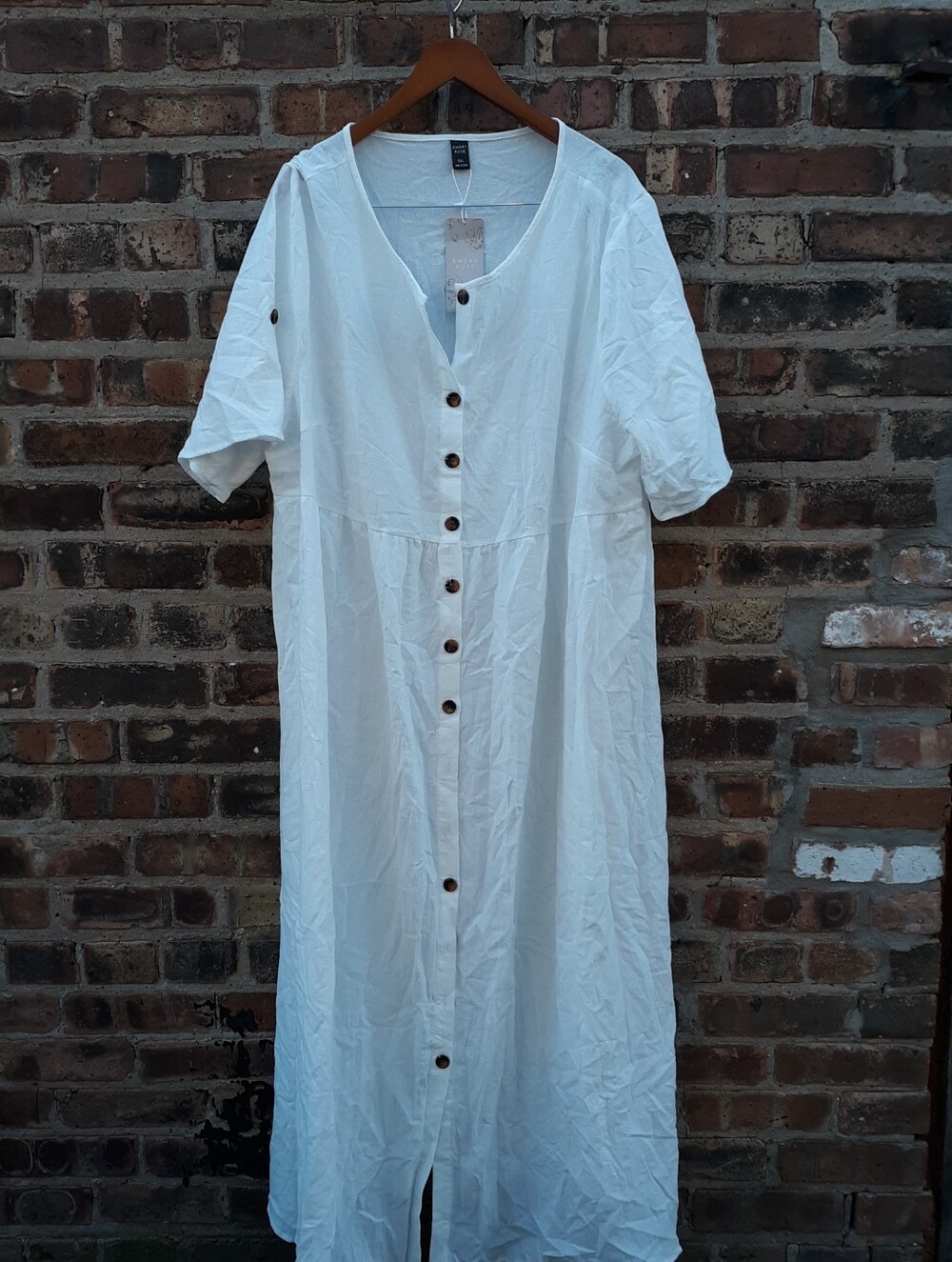 Emery Rose Dress Womens 5XL White New Button Front Roll Tab Sleeve Maxi Plus Siz